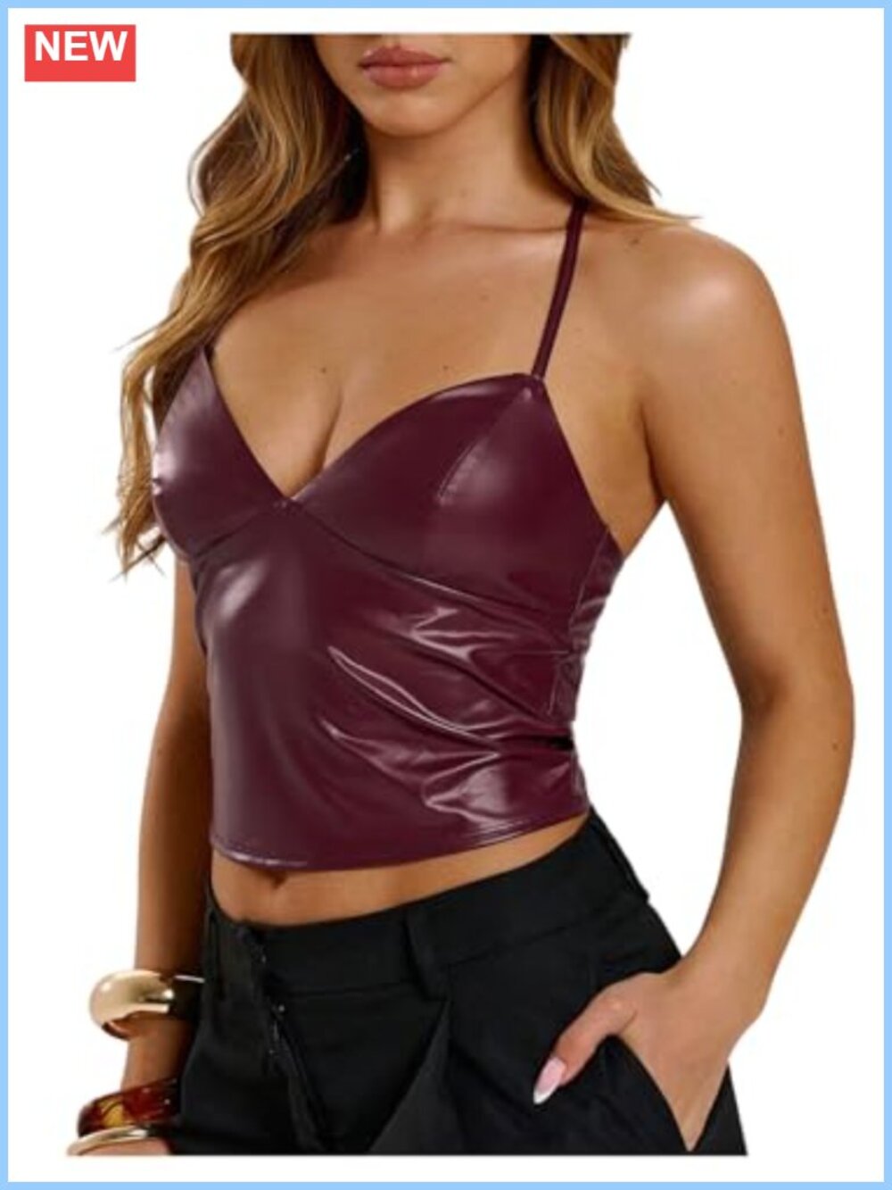 PU Leather Sleeveless V-Neck Crop Top Club Rave Party Outfit